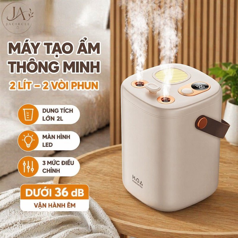 JACIRCLE Máy tạo ẩm 2L phun sương 2 vòi siêu êm 3 chế độ sạc usb tự ngắt khi cạn nước đèn led phòng ngủ gia đình