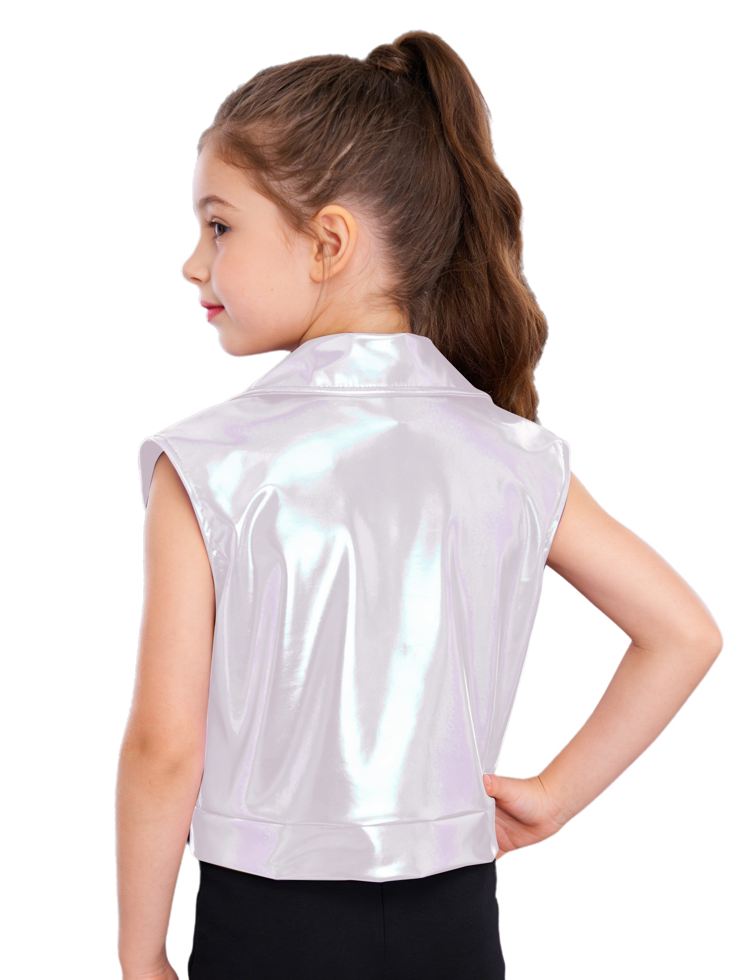 YiZYiF Unisex Kids Boys Girls Zipper Metallic Jacket Turn-Down Collar Vest Sleeveless Outerwear for Hip Hop Dance Party Stage Performance - 7