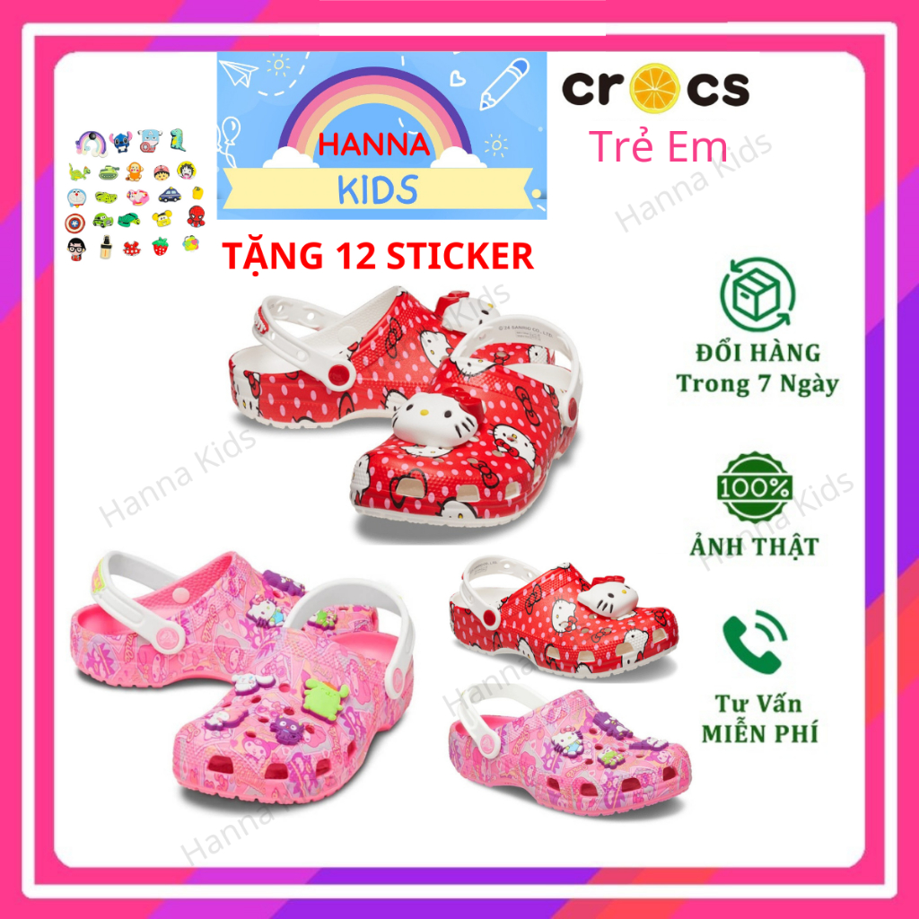 Dép Cross Hello Kitty cho trẻ em bé gái nữ người lớn HannaKids Sục Croc giày xục Cros Classic Clog Kid màu Hồng Đỏ