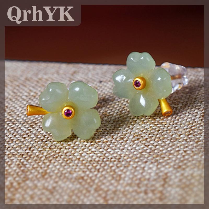 QrhYK May mắn bốn lá cỏ ba lá Stud Bông Tai cô gái Hetian Ngọc Bông Tai Ngọc Bích Thiết kế Retro Bông Tai Bông Tai Quà Tặng