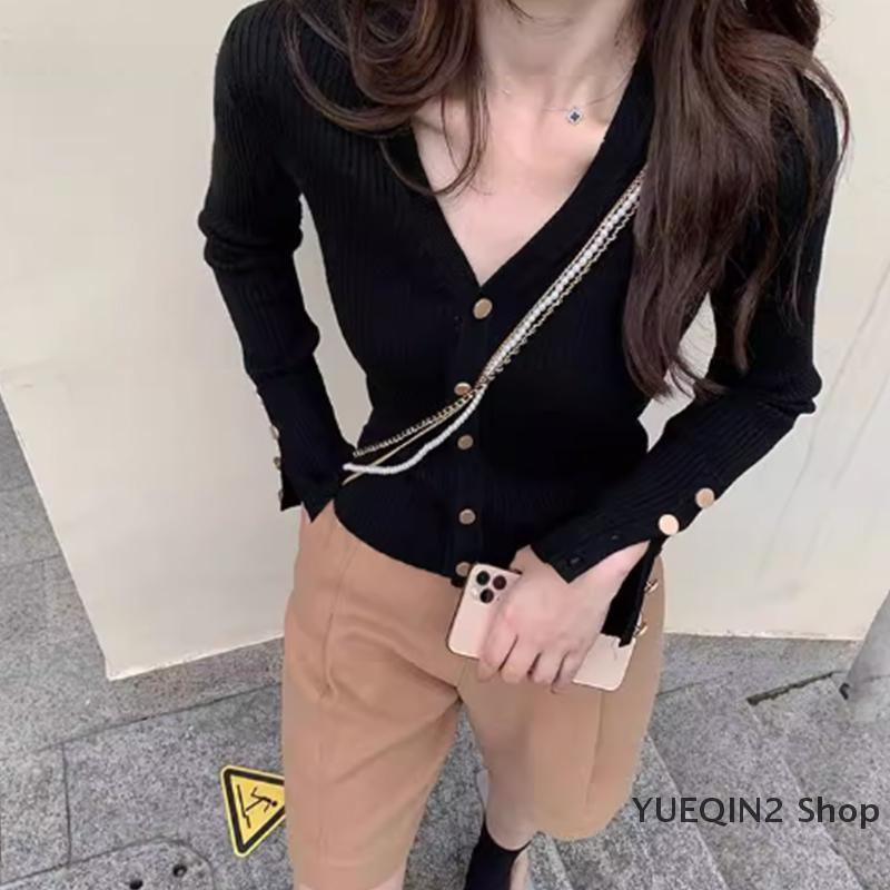 YUEQIN2 Shop Áo sơ mi dệt kim cổ chữ V mới cho nữ mùa thu đông
