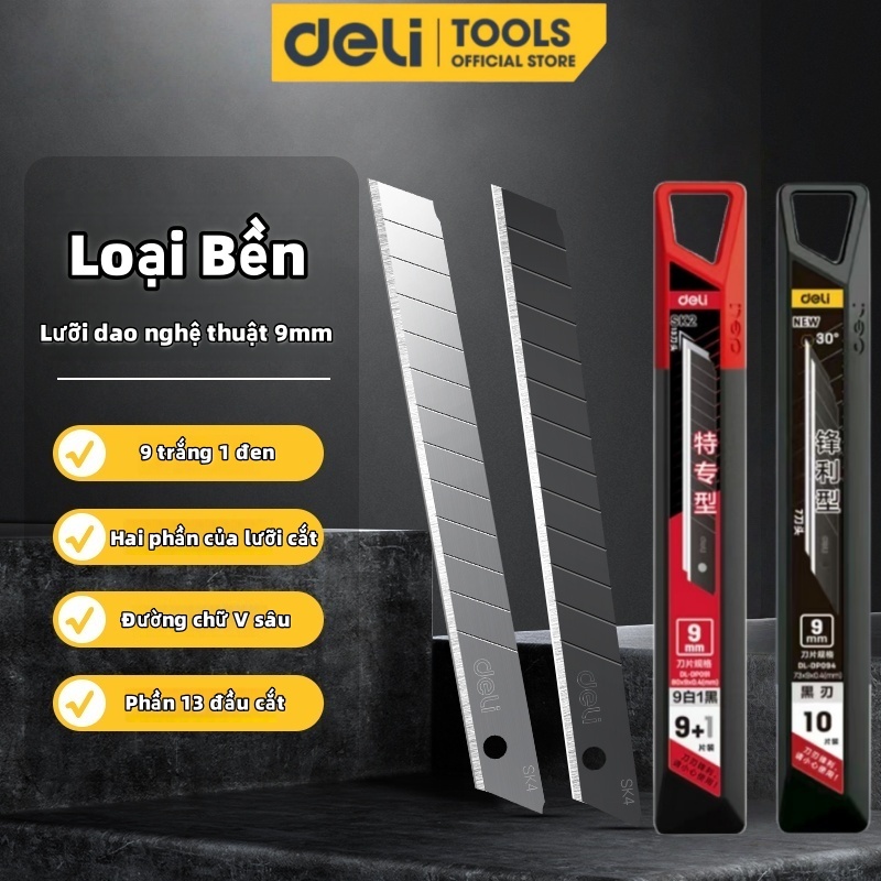 Lưỡi Dao rọc Sắc Bén 9mm Deli  SK2 Thép Hợp Kim Siêu Bền-Lưỡi mỏng sắc bén