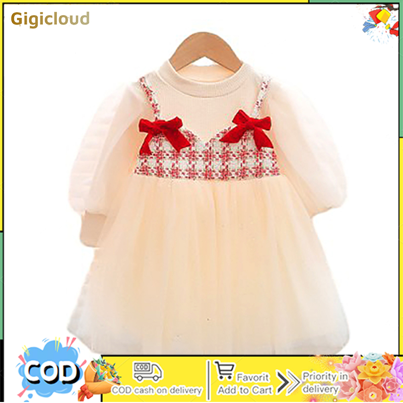 Girls Round Neck Long Sleeves Dress Puff Sleeves Mesh Skirt With Bowknot Cotton Princess Dress For Birthday Party ราคา 171 บาท*ส่งฟรี
