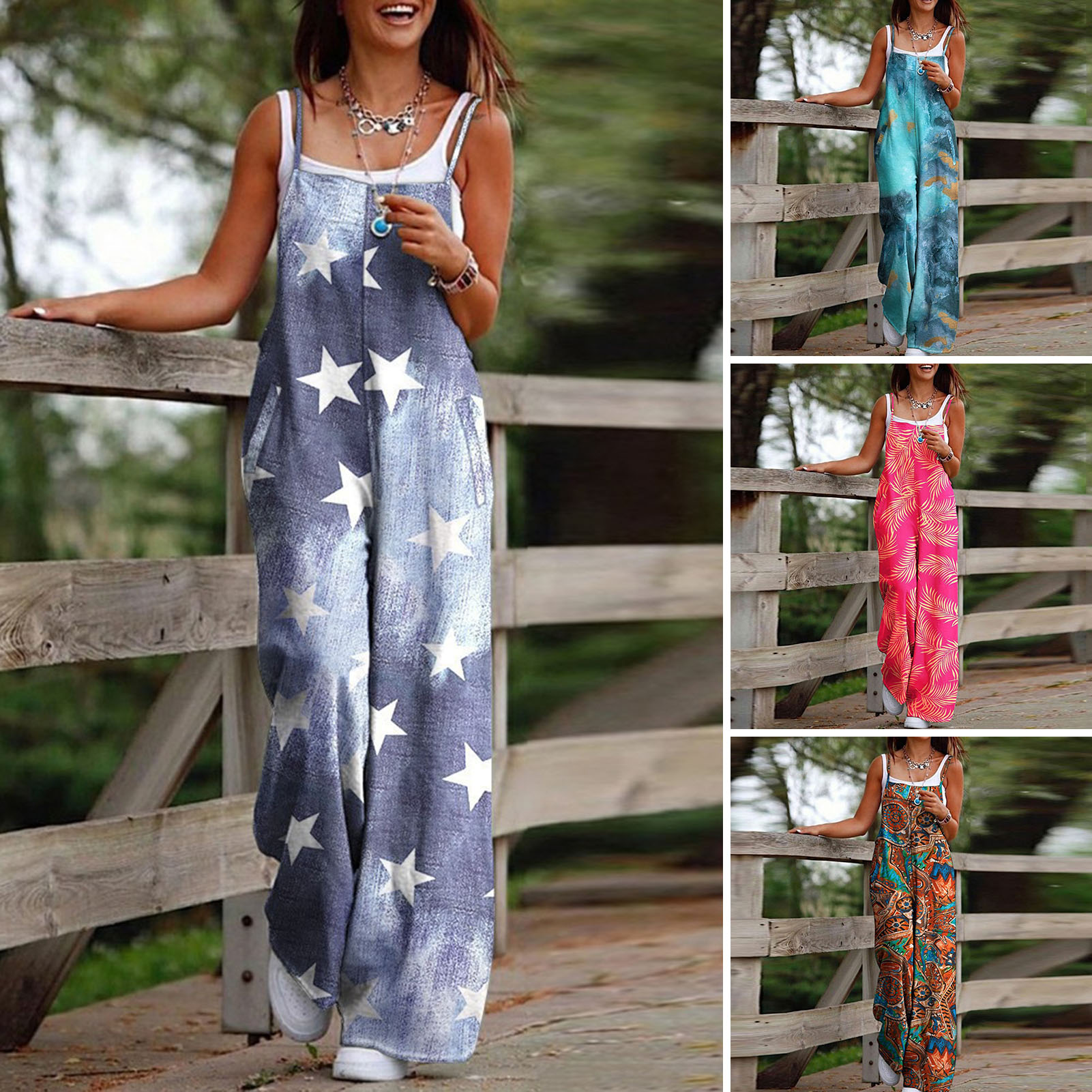 Giản Dị nữ cạp cao Jumpsuit Phụ Nữ Rộng Chân Romper Phụ Nữ Của in hoài cổ Romper Với thiết kế hở lưng Túi vừa rộng Jumpsuit