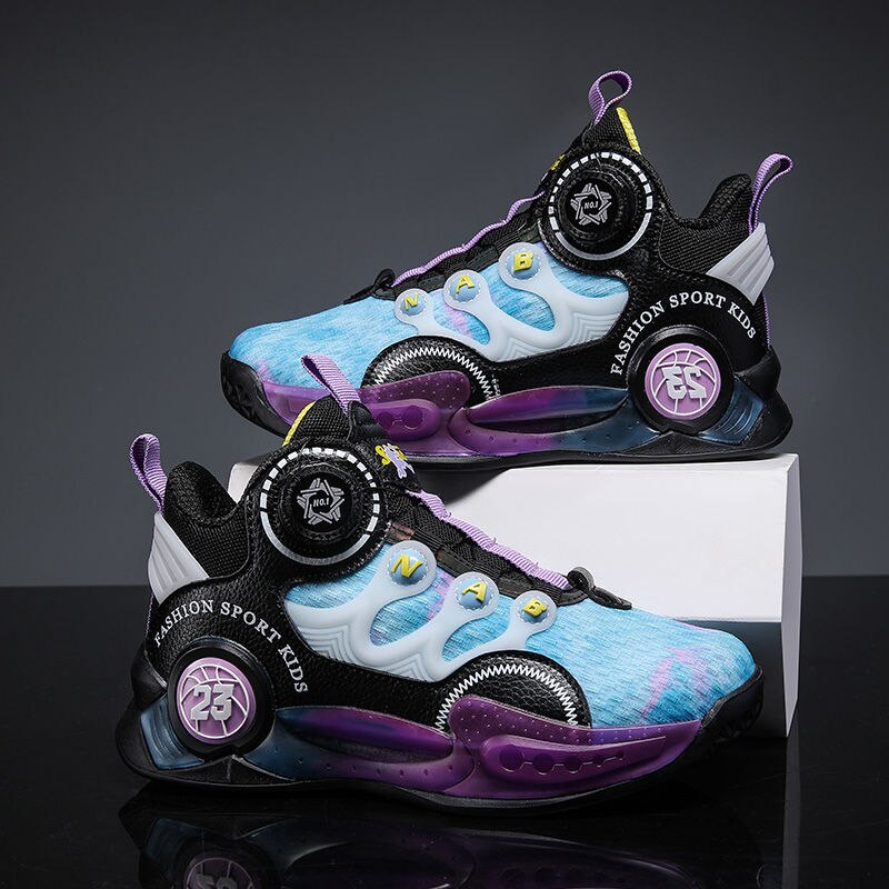 New Boys' Basketball Shoes High Quality Rotary Buckle Breathable Kids' Sneakers Non-Slip Children Trainer Sport Shoes