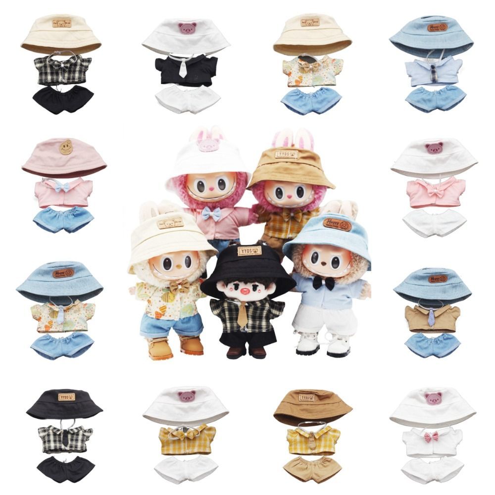 A5TG Labubu 17cm Quần áo labubu Thủ công Búp bê cotton 10cm Bộ thắt nơ quần short áo sơ mi Ngọt ngào Quà Tặng trẻ em Mũ ngư dân labubu Búp bê