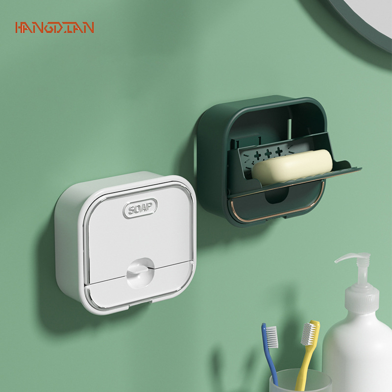 HANGDIANGiá lưu trữ xà phòng treo tường đục lỗ sáng tạo với nắp lật thoát nước hai lớp để lưu trữ xà phòng gia đình trong phòng tắm