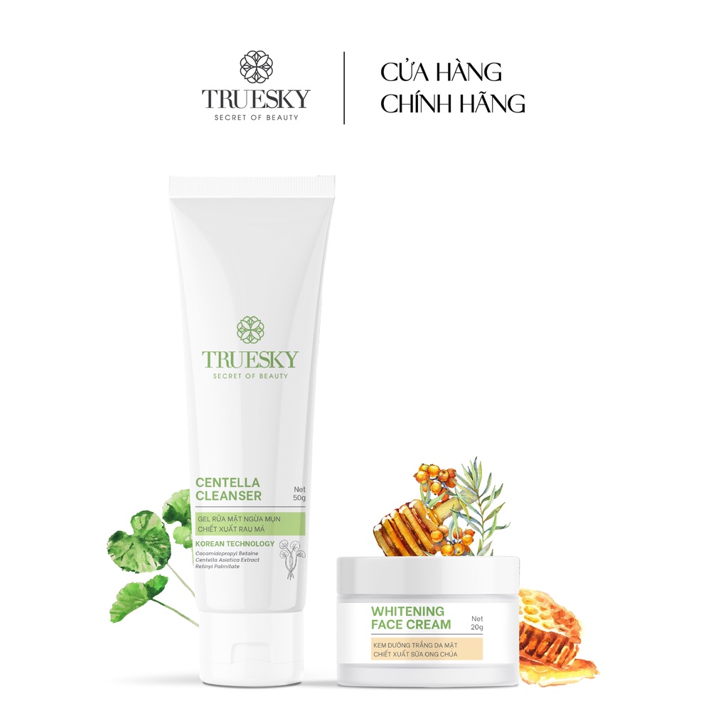 Làm trắng và ngăn ngừa mụn Truesky gồm 1 kem dưỡng trắng da mặt 20g + 1 gel rửa mặt ngừa mụn 50g