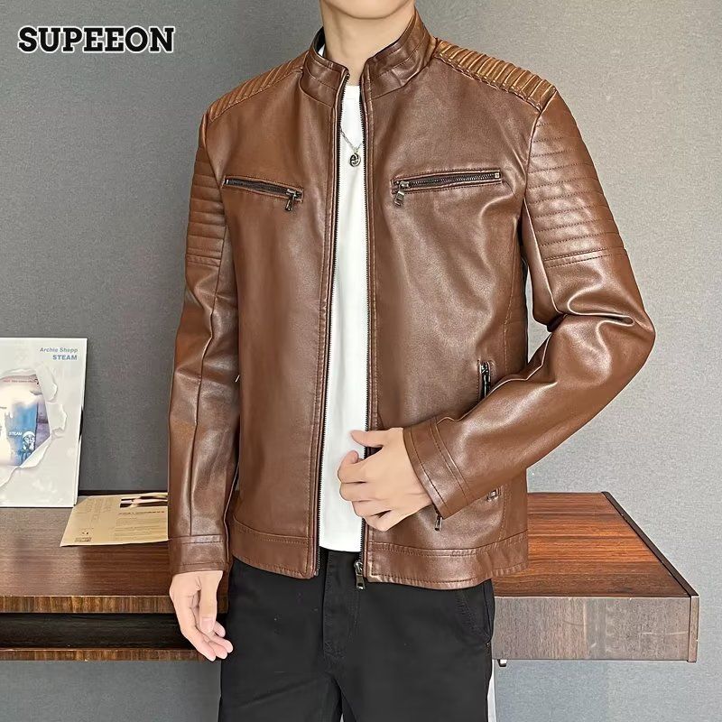 SUPEEON Vintage PU leather jacket standing neck zipper coat fashion casual