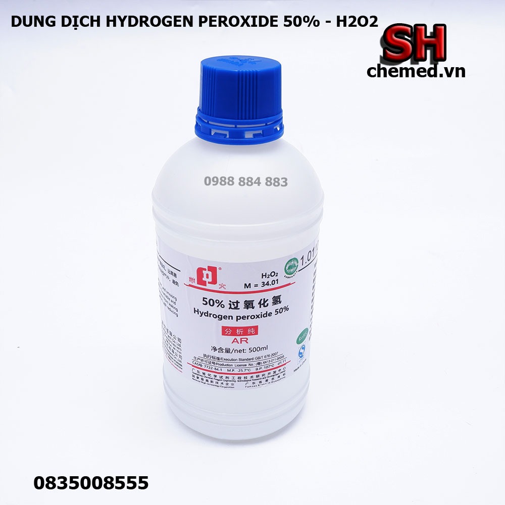 Dung dịch H2O2, Hydrogen peroxide, oxy già 30% và 50% dùng trong y tế, thí nghiệm chai 500ml