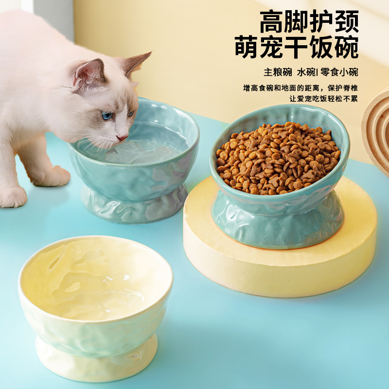 suyuluoxin Cat bowl, dog bowl, ceramic cat products, cute diagonal mouth, double bowl, cat basin, neck protection, high foot bowl, dog basin, anti overturning