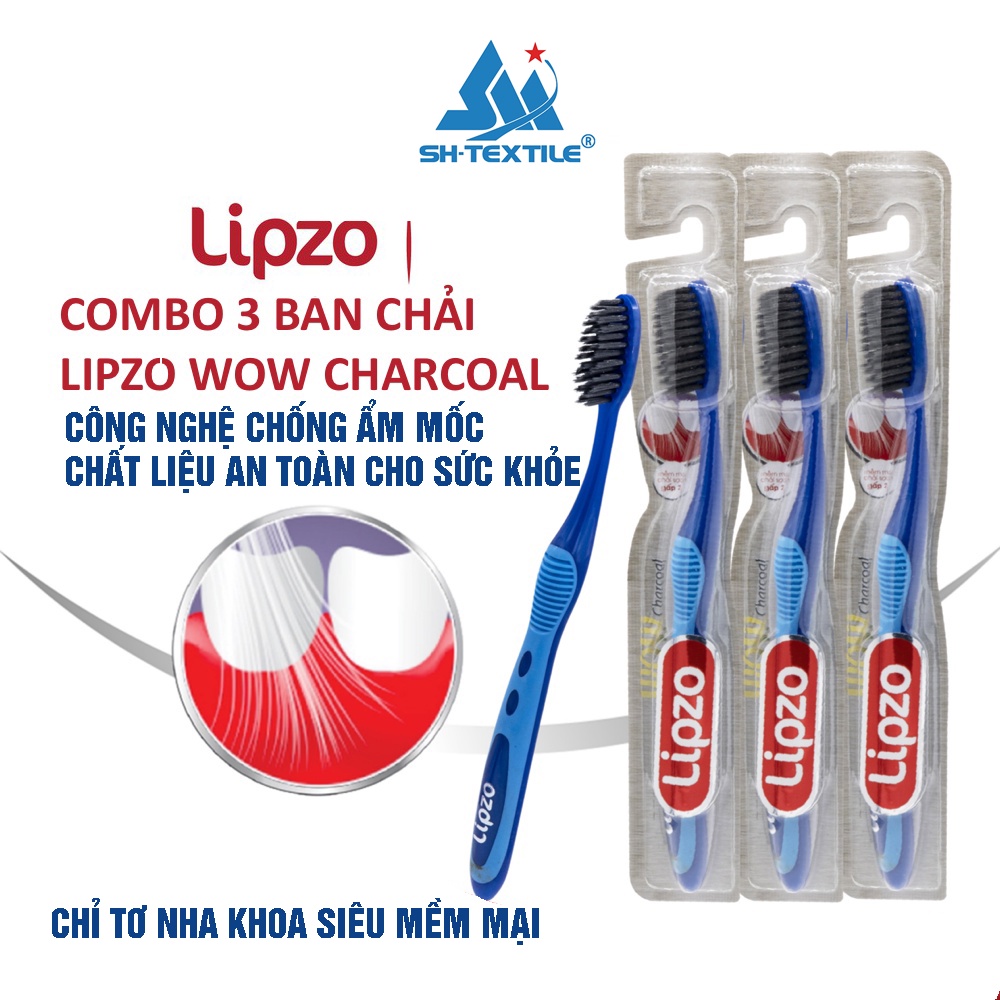 Combo 3 bàn chải răng lipzo wow charcoal than hoạt tính công nghệ chỉ tơ vàng hai lớp nano kháng khuẩn khử mùi