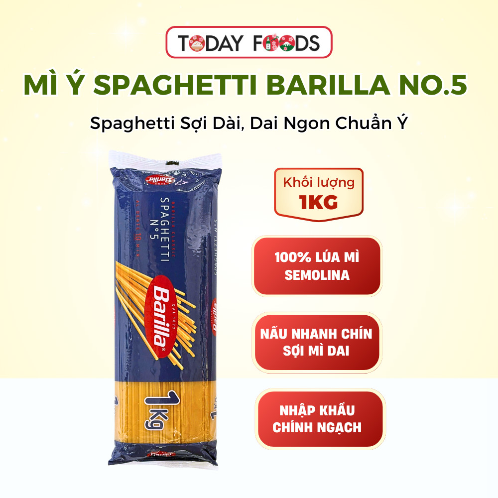 Mì Ý Spaghetti Barilla No.5 1KG – Sợi dài truyền thống, 100% lúa mì Durum semolina