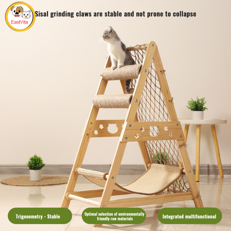 Cat Tree, Modern Cat Tower For Indoor, Solid Wooden Cat Tree With Hammock, Scratching Post, Climbing Web And Hanging Sisal Ball, Easy Assembly For Small Space ราคา 1,368 บาท*ส่งฟรี