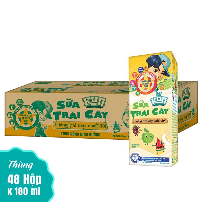 Thùng Sữa hoa trái Lif Kun 180ml Đủ Vị: Cam, Dâu, Nho, hoa trái nhiệt đới gió mùa (48 hộp) ( Đại lý ngọc toản)
