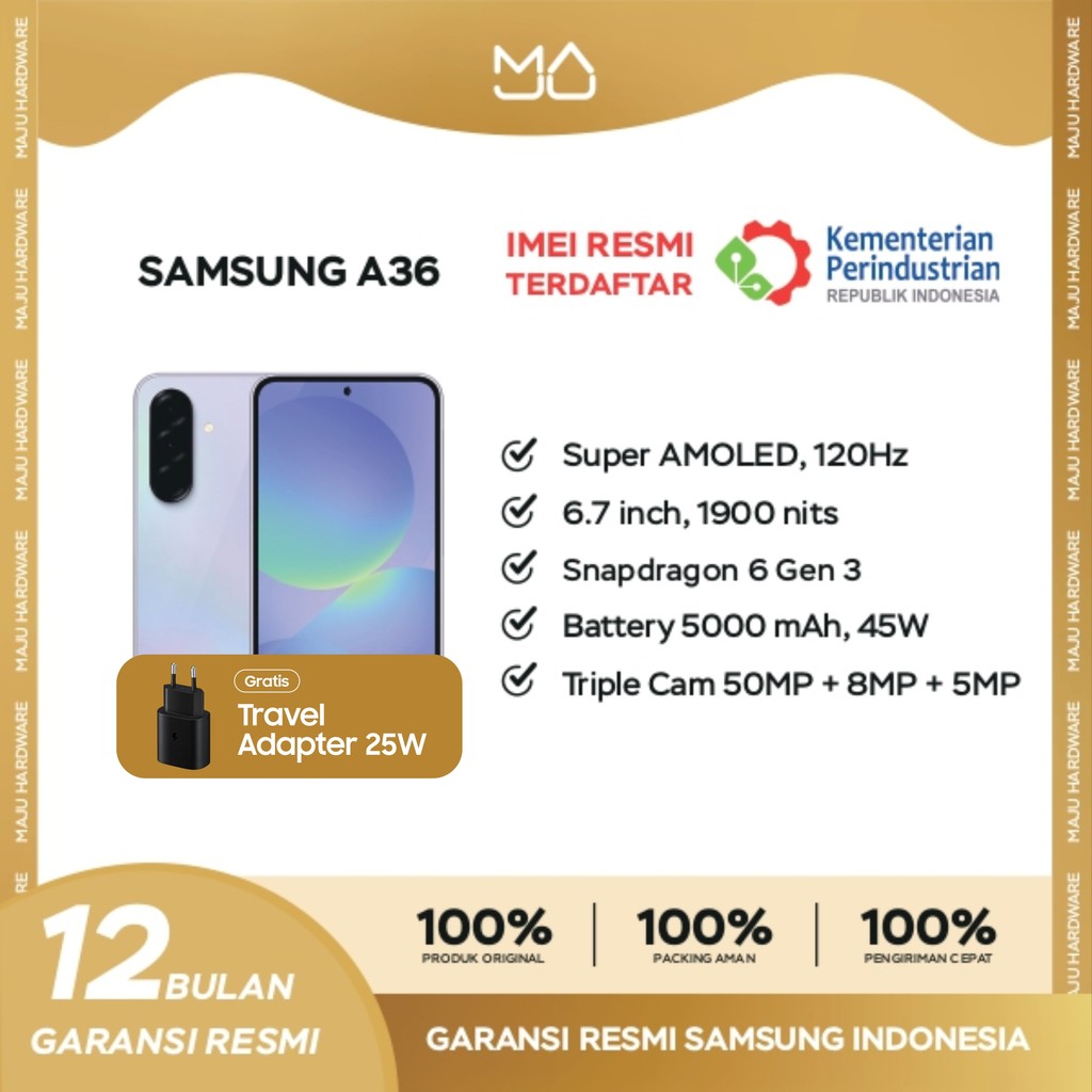 Samsung Galaxy A36 5G 12/256GB - Garansi Resmi FREE ADAPTOR 25WATT Harga  5,576,000 rupiah*Gratis Ongkir