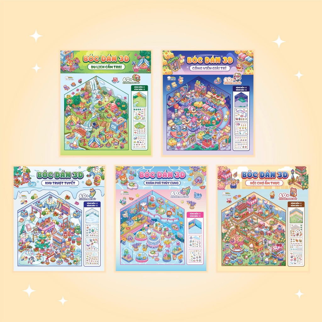 Sách Combo 5 cuốn Bóc dán 3D Du lịch trải nghiệm (Đồ chơi bóc dán 300+ Sticker cho bé)