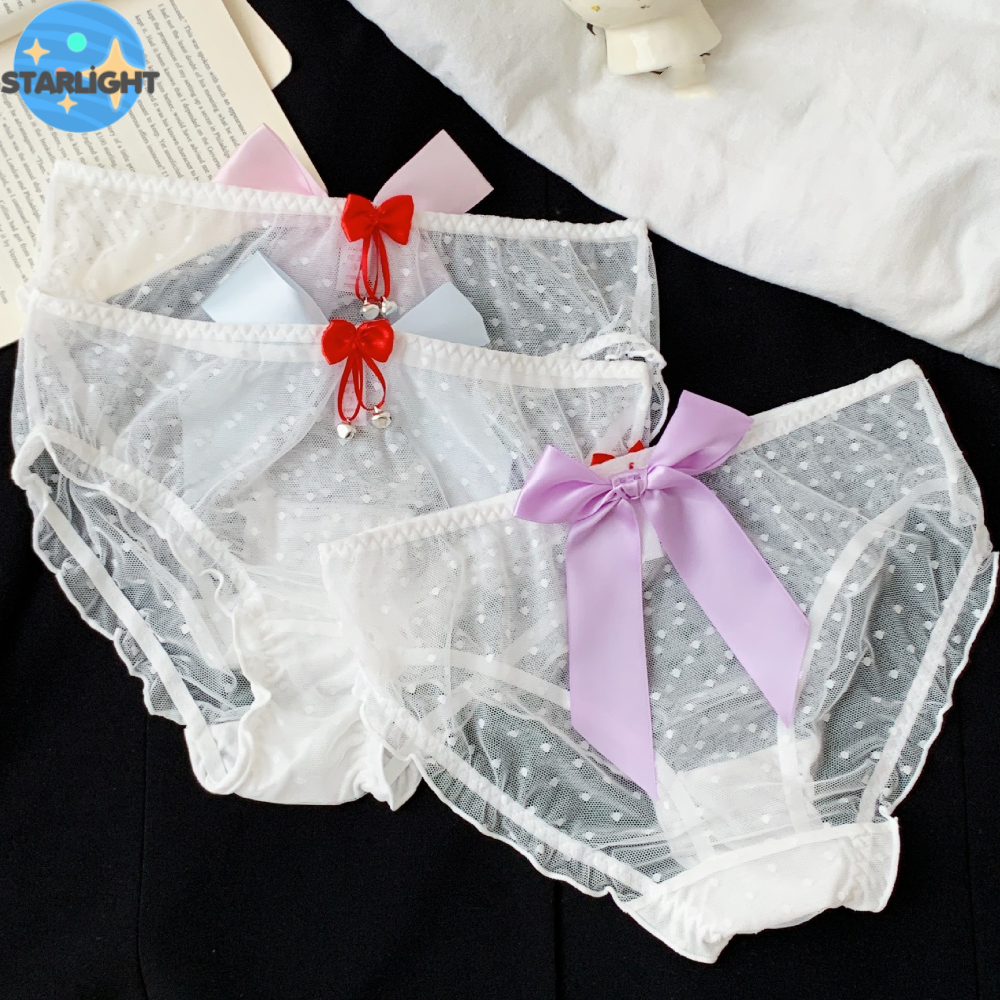 OQEWPI Cạp vừa Quần lót thắt nơ lưới Siêu mỏng Diềm Xếp Nếp Quần Lót Ren Nơ Thoải mái Nội y Quần lót trong suốt Nữ