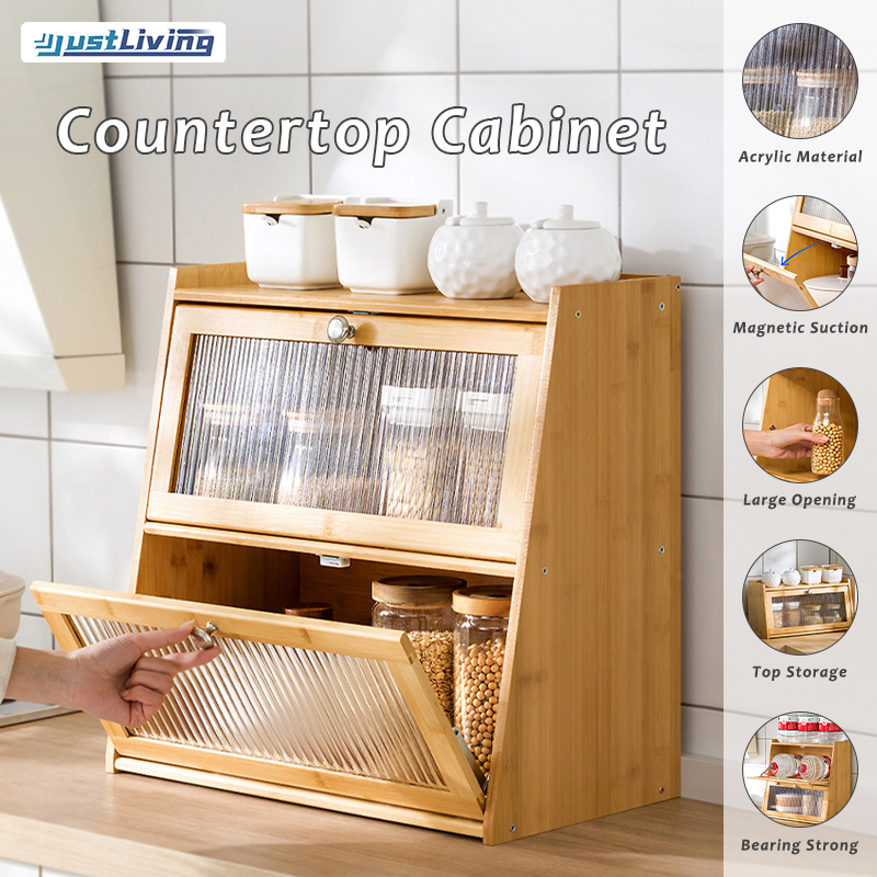 JustLiving 1PC Kitchen Storage Rack Multi-functional Bamboo Storage Cabinet with Door Shelf Countertop Spice Rack Spice Organizer Household Multifunctional with Door Dustproof Small Storage Cabinet ราคา 2,484 บาท*ส่งฟรี