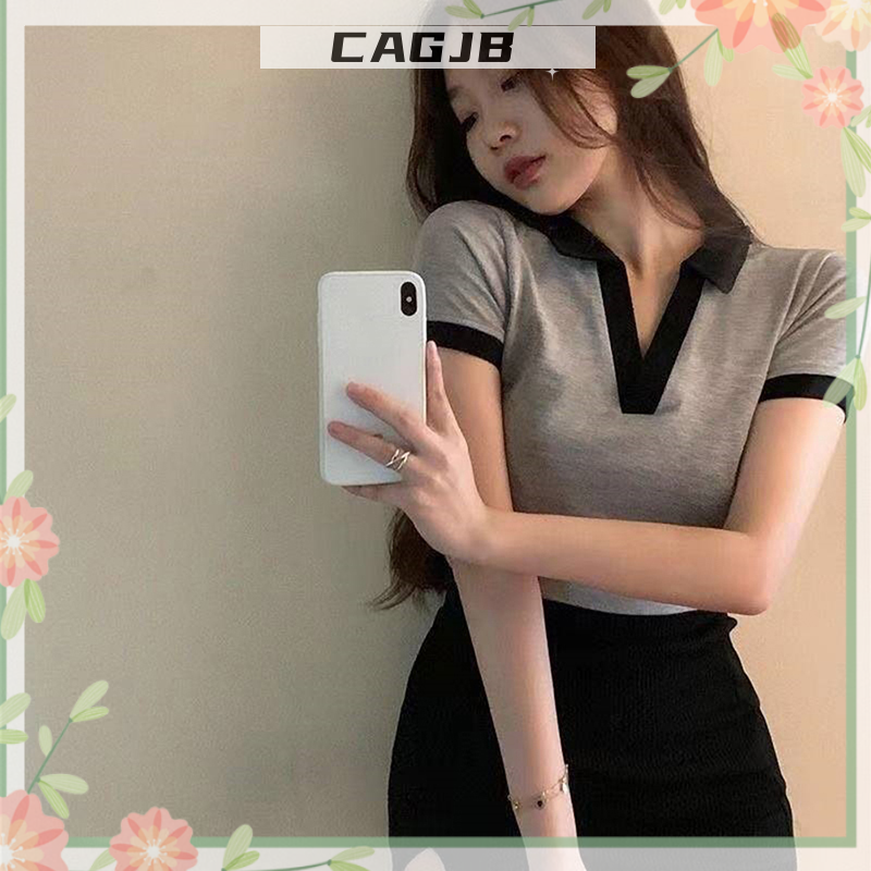 CAGJB Clothing Store sẵn sàng chuyển hàng Áo thun nữ Áo Hở Eo chắp vá cơ bản mùa hè Áo thun ngắn tay áo thun cổ bẻ Y2K