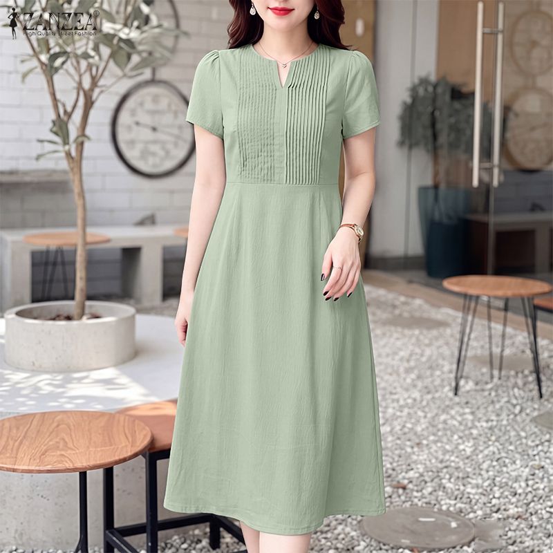 ZANZEA Women Fashion OL Work V-Neck Short Sleeve Dresses A-Line Pleated Midi Solid Dress #0817