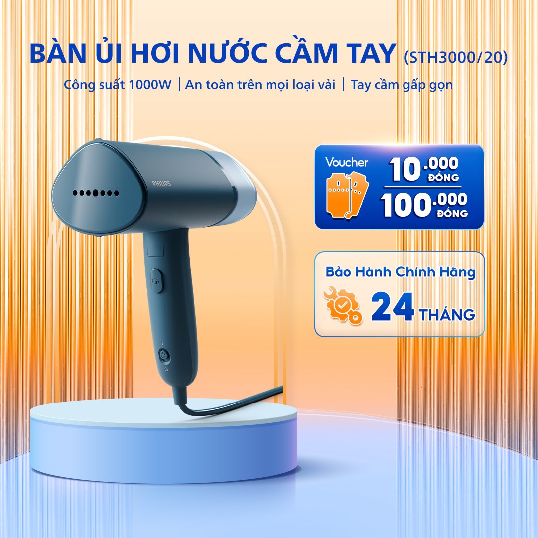 Bàn Ủi Hơi Nước Cầm Tay PHILIPS STH3000/20, Tay Cầm Gấp Gọn, Công Suất 1000 W, Bảo Hành 24 Tháng