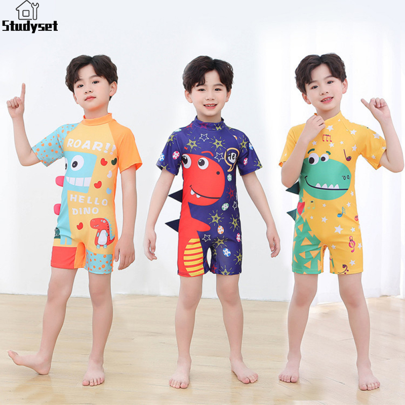 Studyset IN stock 2pcs Boys Swimwear Cartoon Dragon Printing One Piece Short Sleeve Swimsuit Swimming Cap ราคา 171 บาท*ส่งฟรี