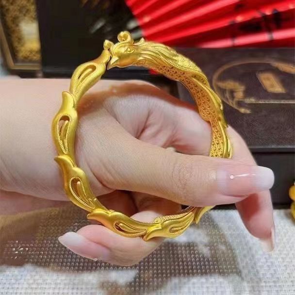 Alluvial gold bracelet carving Dragon and Phoenix ancient style alluvial gold national style bracelet women's elegance retro palace style bracelet hollow bracelet carving Dragon and Phoenix