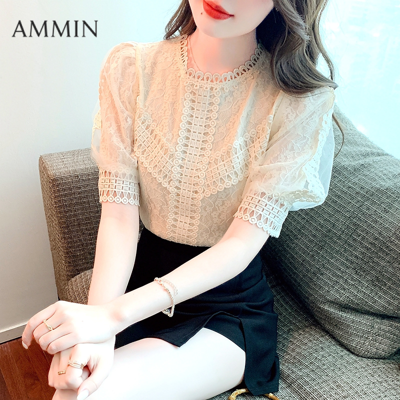 AMMIN Summer Sweet Puff Sleeve Fashion Exquisite Embroidered Floral Hollow Design Lace Blouse Women's 2025 Summer New Sweet Short Sleeve White Elegant Blouse ราคา 387 บาท*ส่งฟรี