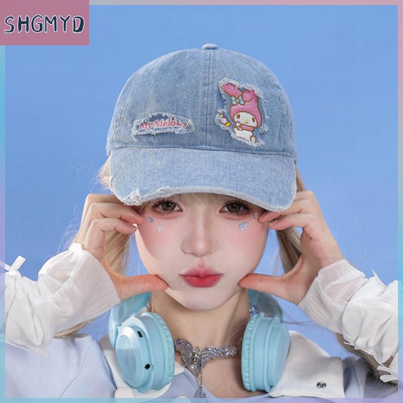 QIXIANG1 Santio หมวกเบสบอลผ้ายีนส์ Hello Kitty, หมวกกันแดดแฟชั่น Kuromi Melody Cinnamoroll กลางแจ้งลำลองอุปกรณ์เสื้อผ้า ราคา 231 บาท*ส่งฟรี