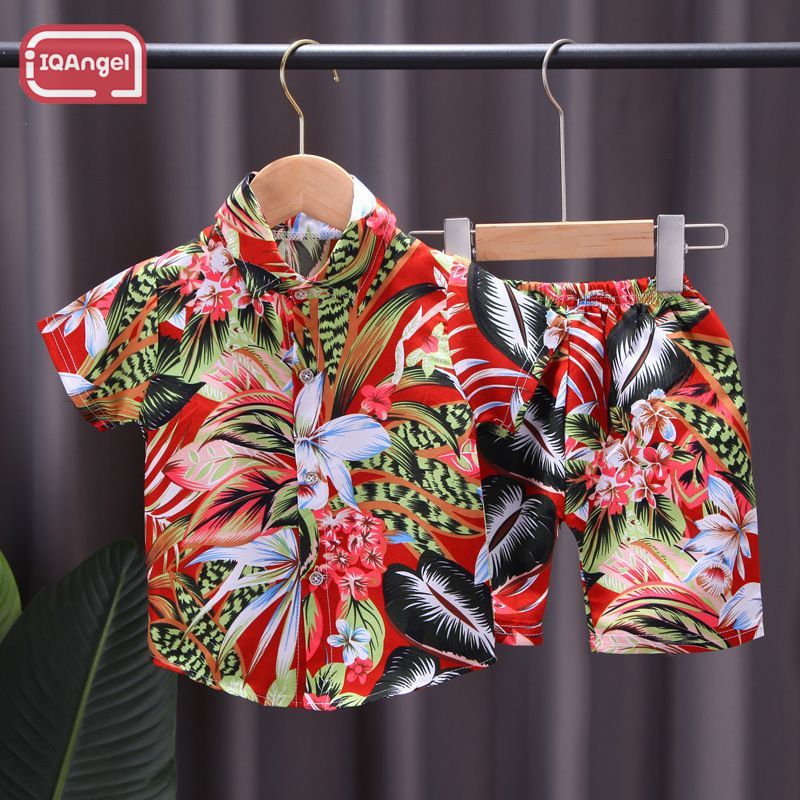 IQANGEL Children's Tropical Floral Print Short-Sleeved Shirt and Shorts Suit Splash Festival 0-4 Years Old Two-Piece Set ราคา 130 บาท*ส่งฟรี