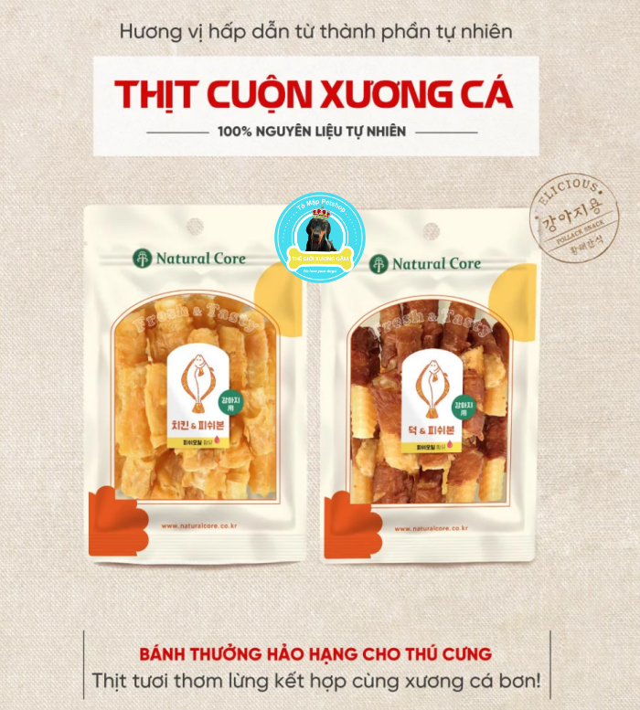 Natural core snack thịt cuộn sụn cá bơn giòn rộp rộp hàn quốc cho chó 70g