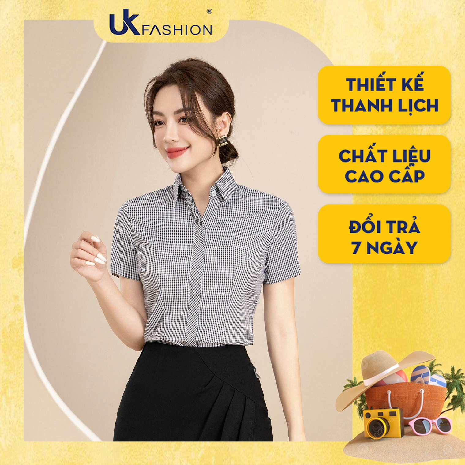 Áo Sơ Mi Nữ Công Sở UK Fashion Họa Tiết Caro Công Sở Ngắn Tay Vải Hàn Cao Cấp Không Nhăn Nhàu NKSM20