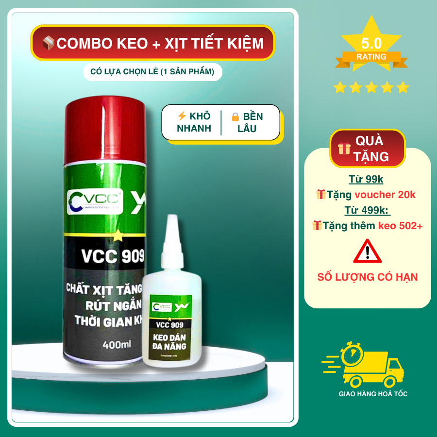 [COMBO TIẾT KIỆM] Keo dán đa năng VCC 909 + Xịt tăng tốc 909 | Dính siêu chắc – Khô tức thì