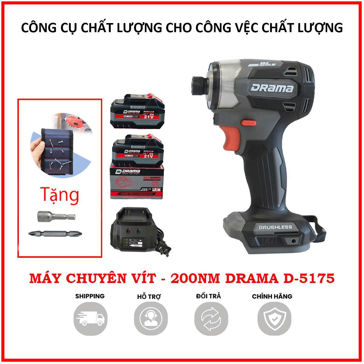 Thân máy chuyên bắn vít pin DRAMA 5175, Động cơ Không chổi than, Lực siết 200Nm, 5 tốc độ, Đầu ngậm vít nhanh - Thương hiệu Drama Giá 650,000 Đồng*Miễn phí vận chuyển