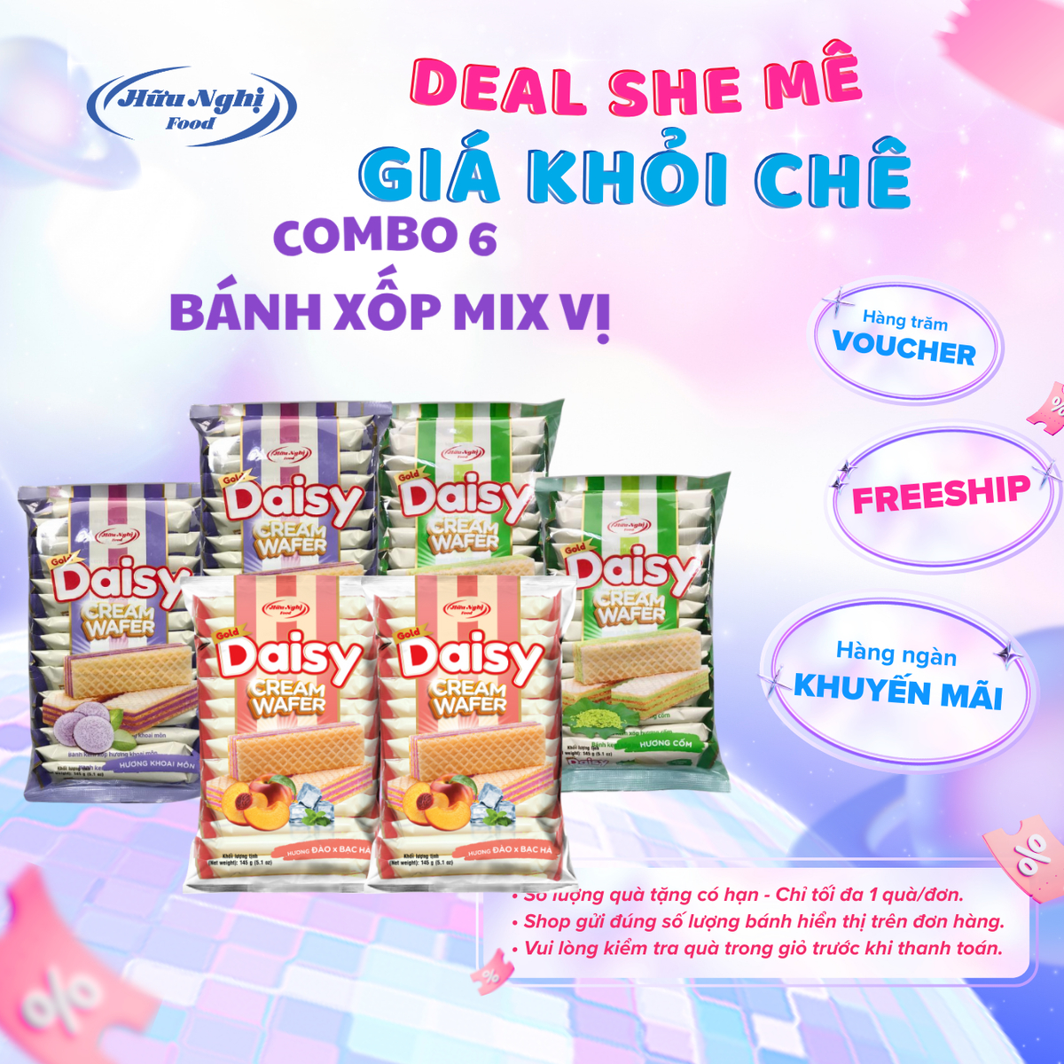 Combo 6  bánh xốp vị cốm, khoai môn, đào bạc hà Gold Daisy 145g