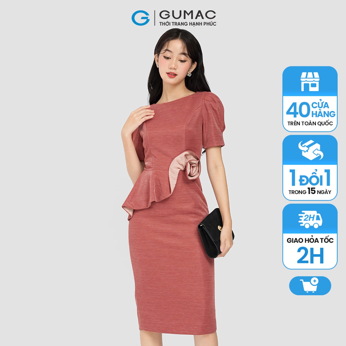 Đầm form bút chì gumac, đầm bút chì peplum tay phồng dvc08118