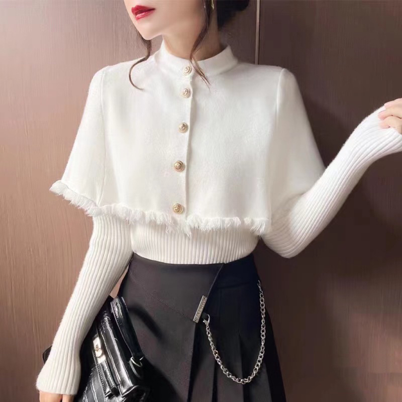 Sét áo len nữ dài tay cổ tim mix áo choàng ngoài cài khuy tua rua lửng hàng len dệt kim QC