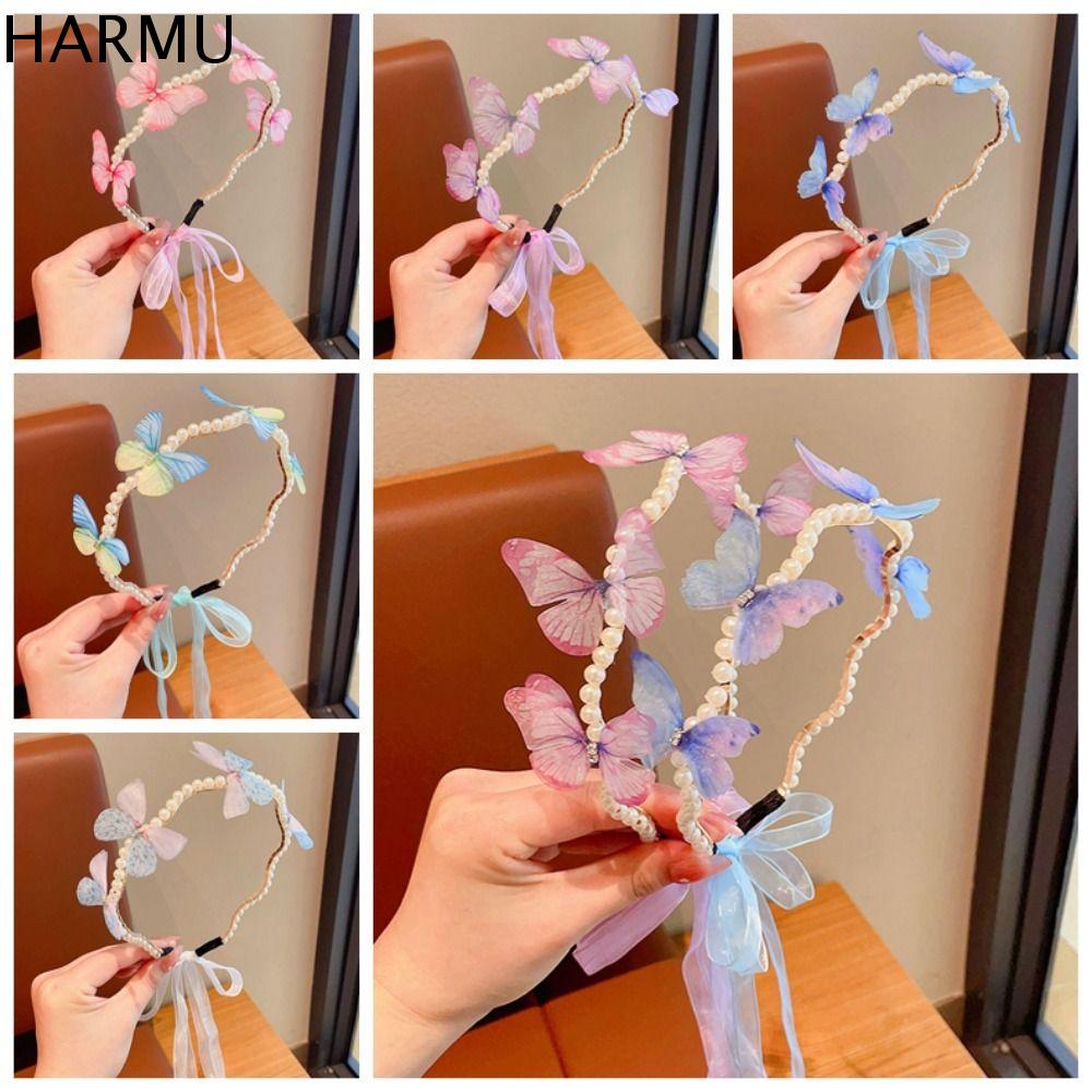 HARMU Phong cách Hàn Quốc Băng đô ruy băng bướm 3D Đeo đầu Băng đô ngọc trai trẻ em Ngọt ngào Kẹp tóc Vòng tóc cánh di chuyển Trẻ em