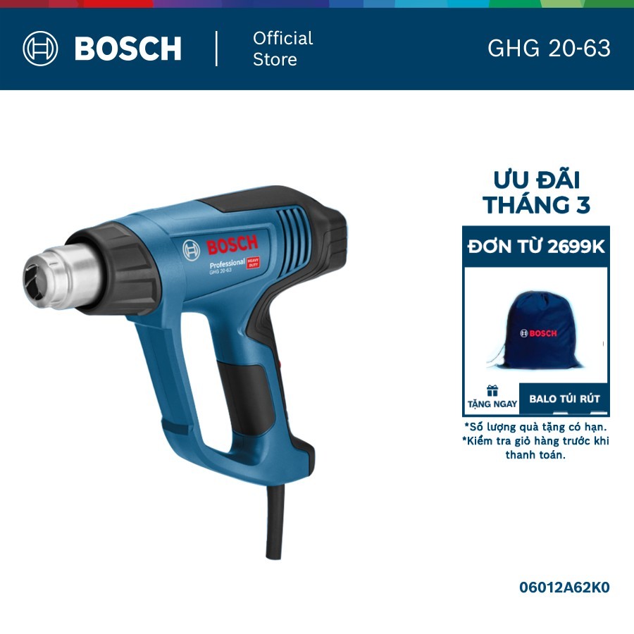 Súng thổi hơi nóng Bosch GHG 20-63 Professional - Công suất 2000W, Điều chỉnh nhiệt độ liên tục từ 50°C đến 630°C