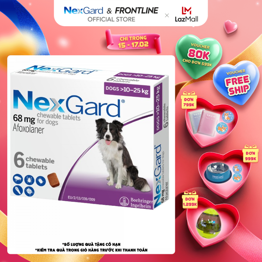 NexGard - Viên nhai mềm phòng & trị ve rận bọ chét ghẻ dành cho Chó size L (10-25kg) - 1 hộp 6 viên