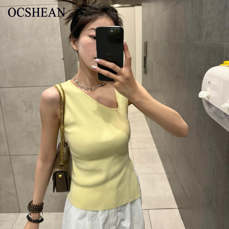 OCSHEAN เสื้อกล้ามไหมพรมลายไม่สมมาตรผู้หญิงฤดูร้อนใหม่รุ่นใหม่สุดเท่ห์สไตล์เรียบหรู ราคา 148 บาท*ส่งฟรี