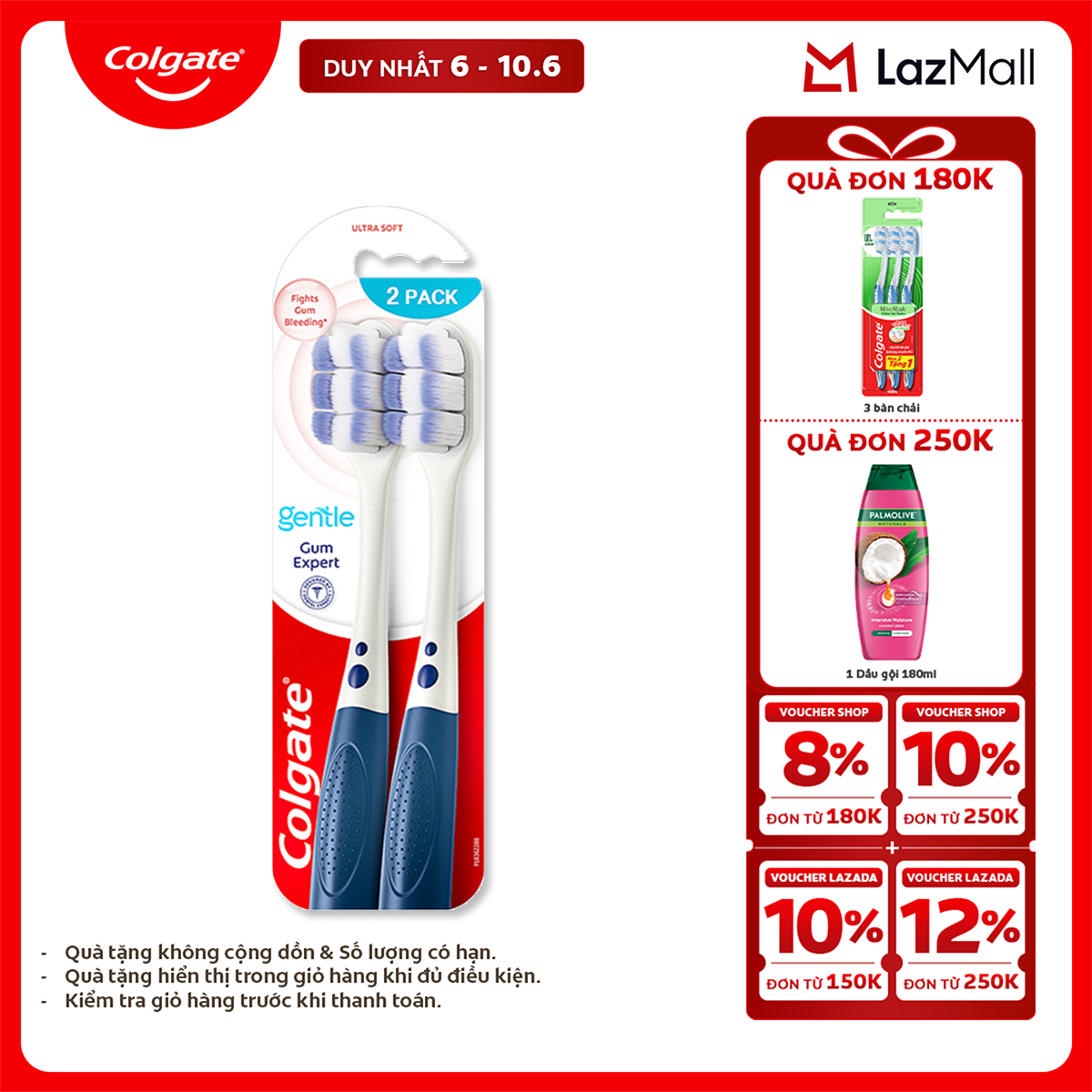 [Chỉ 6-10.6_X2 Voucher giảm 22%] Bộ 2 Bàn chải Colgate Gentle Gum Expert lông dày siêu mềm, ôm sát nướu, giảm chảy máu nướu