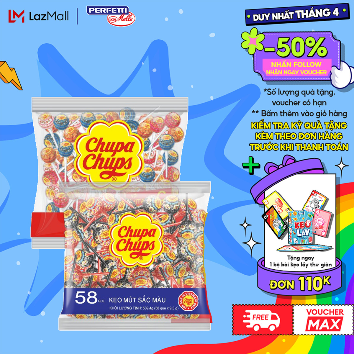 Kẹo mút Chupa Chups Hương Trái Cây Hỗn Hợp (60 que) , Hương Dâu và Cola tô màu lưỡi (58 que)