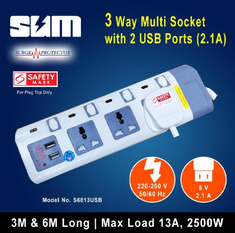 3 Way Multi Extension Socket with 2 USB Ports 2.1A & with Surge Protector (3 Meters)