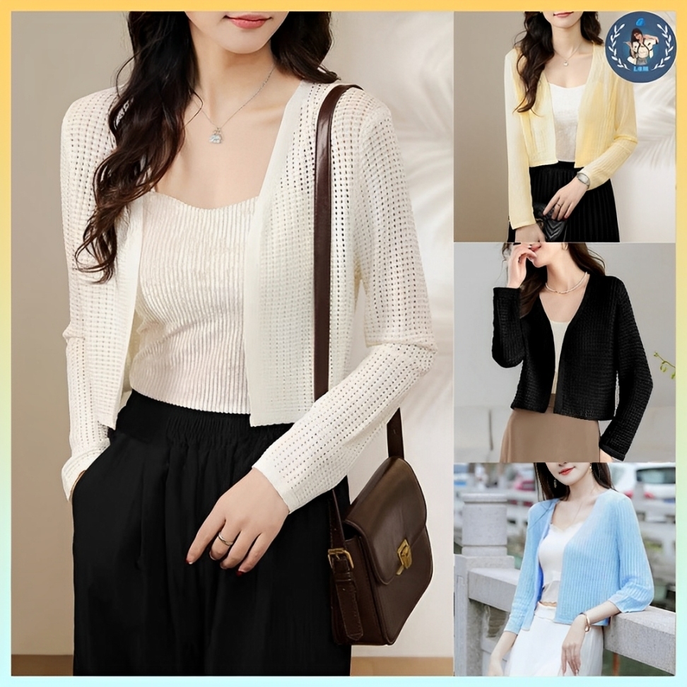   A417  Áo khoác len nữ Cardigan GÂN LƯỚI BI TRÒN tay dài mỏng nhẹ đi biển dễ phối đồ - L2M 