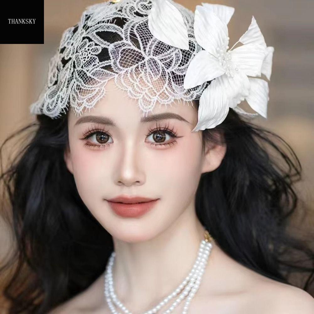 THANKSKY สไตล์ฝรั่งเศสแบบ ผ้าโพกศีรษะเจ้าสาว เรโทร หรูหราสุดหรู ที่คาดผมแต่งงาน โรแมนติกโรแมนติก การถ่ายภาพสำหรับถ่ายภาพ หมวกลูกไม้ลายดอกไม้สำหรับเจ้าสาว สำหรับผู้หญิง ราคา 93 บาท*ส่งฟรี