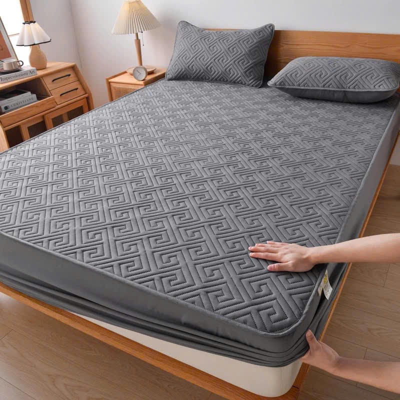 Bộ ga gối phi lụa trần bông mẫu chữ vạn size 1m2 1m4 1m6 1m8 chất liệu phi lụa thoáng mát cho mùa hè chân đệm 15cm