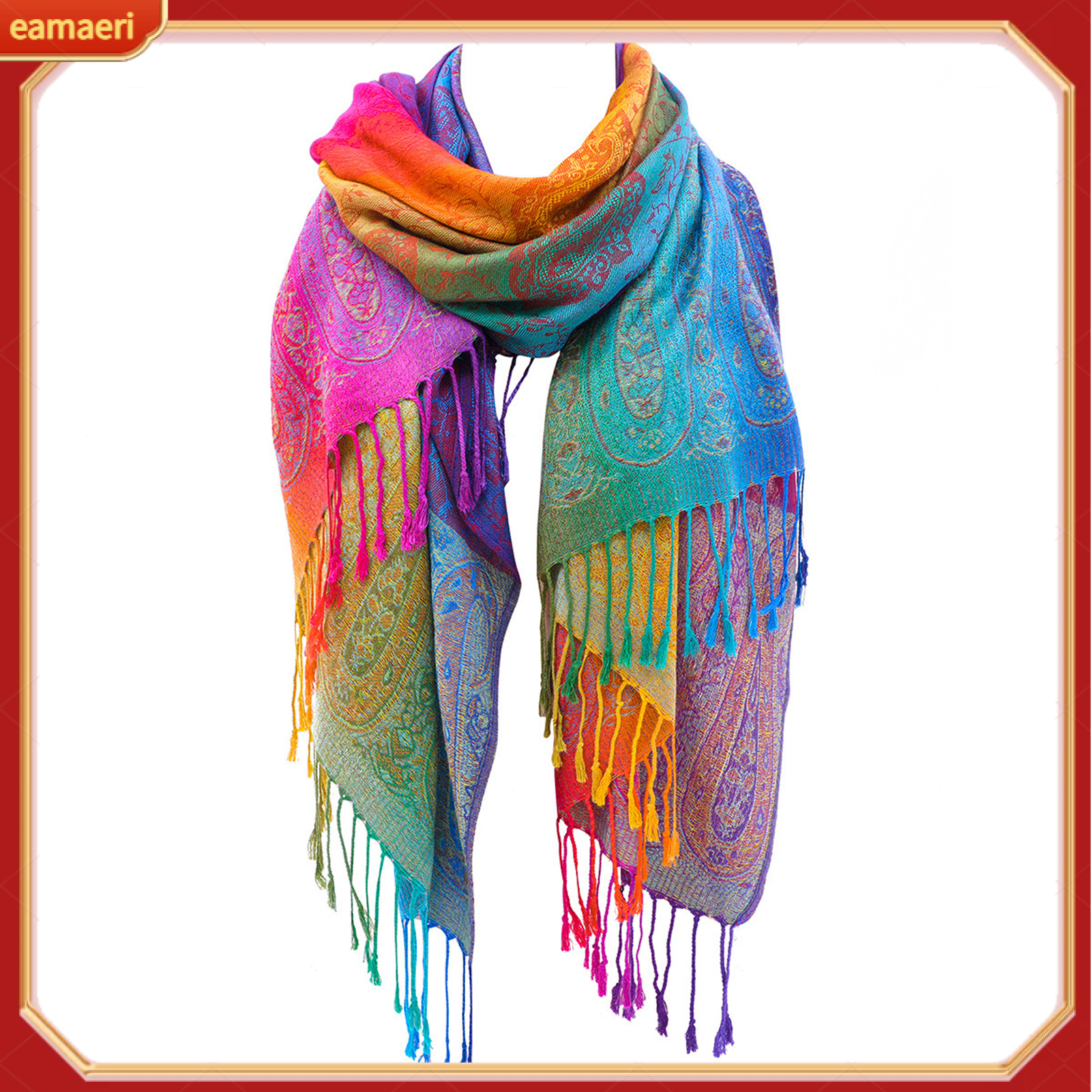 Imitation Wool Shawl Rainbow Color Art Printing Wrap Scarf with Tassels Women Poncho Shawl Blanket Scarf ราคา 225 บาท*ส่งฟรี