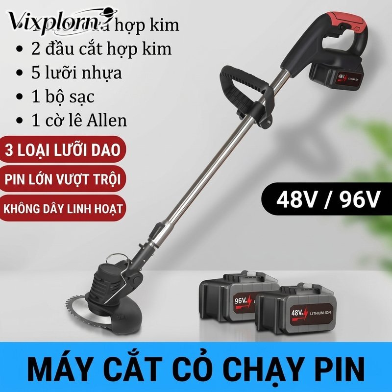 Vixplorn Máy cắt cỏ dùng pin 48V 96V cầm tay động cơ mạnh lõi đồng tay cầm chống trượt làm vườn gia đình